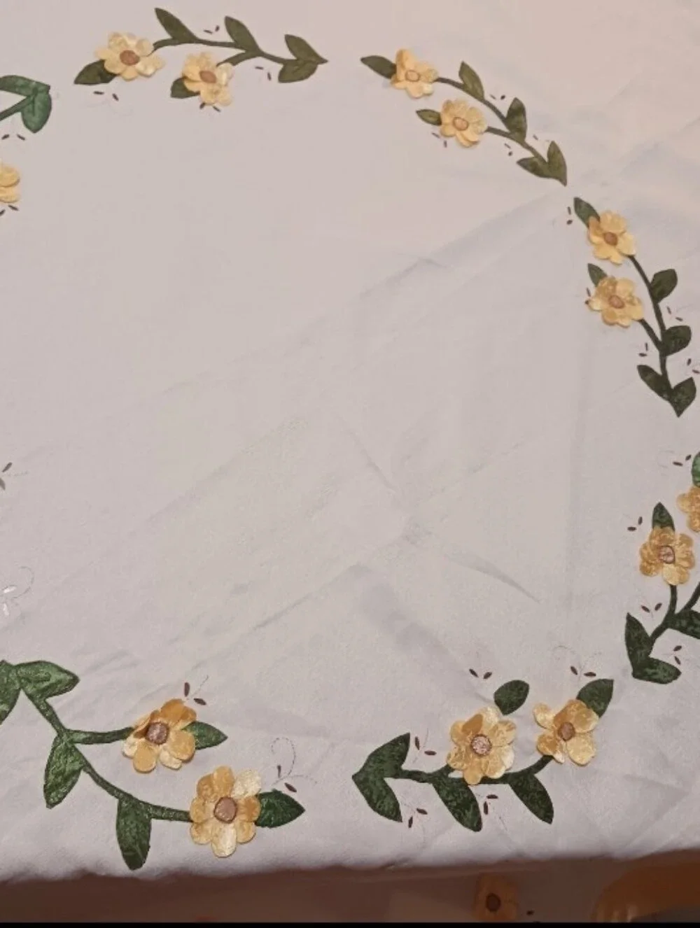 Vintage Tablecloth yellow Round 3d Flowers Sateen